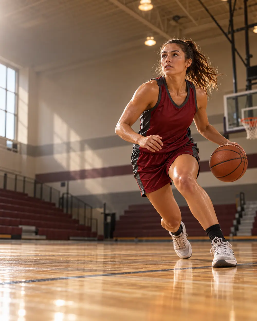 Fictional unbranded basketball athlete in a community gym